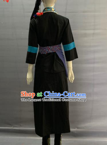 Chinese Achang Nationality Clothing Minority Folk Dance Black Dress Uniforms Yunnan Ethnic Torch Festival Garment Costume and Headwear