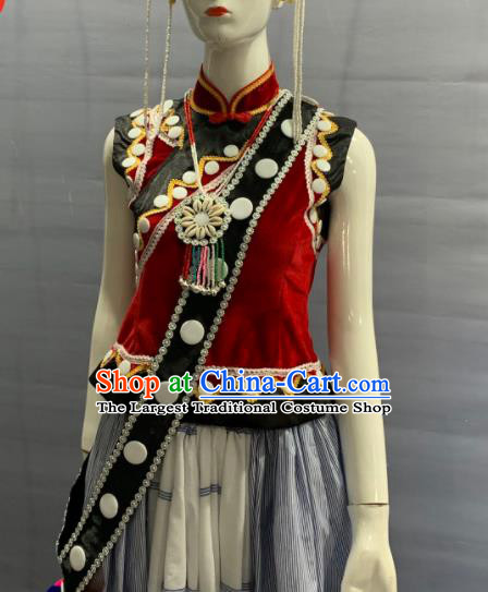 Chinese Lisu Nationality Clothing Olunchun Minority Folk Dance Dress Uniforms Yunnan Ethnic Festival Garment Costume and Tassel Hat