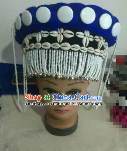 Handmade Chinese Yunnan Ethnic Woman Blue Hat Lisu Nationality Folk Dance Silver Bells Tassel Headdress