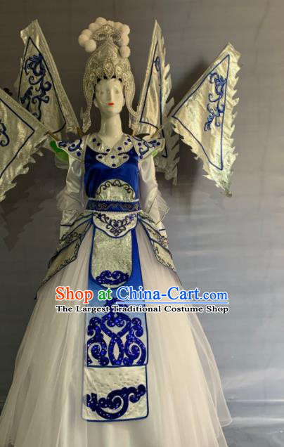 China Traditional Peking Opera Blues Clothing Beijing Opera Female General Garment Costumes and Headdress Complete Set