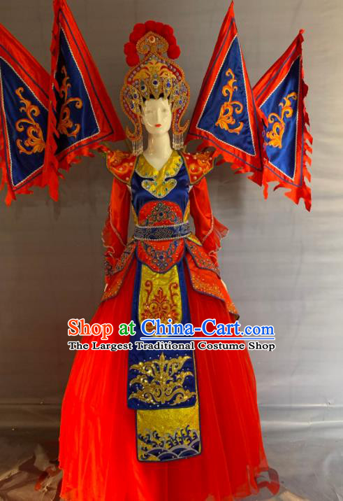 China Beijing Opera Female General Garment Costumes Traditional Peking Opera Blues Red Dress Clothing and Headdress