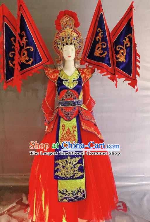 China Beijing Opera Female General Garment Costumes Traditional Peking Opera Blues Red Dress Clothing and Headdress