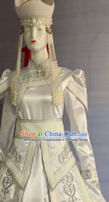 Chinese Mongolian Ethnic Wedding Garment Costume Mongol Nationality Bride Clothing Minority Folk Dance White Dress Uniforms and Hat