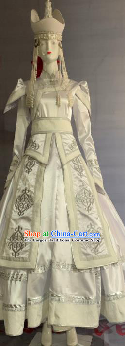 Chinese Mongolian Ethnic Wedding Garment Costume Mongol Nationality Bride Clothing Minority Folk Dance White Dress Uniforms and Hat
