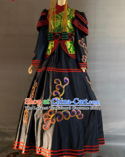 Chinese Minority Folk Dance Navy Dress Uniforms Mongolian Ethnic Wedding Garment Costume Mongol Nationality Festival Clothing and Headwear