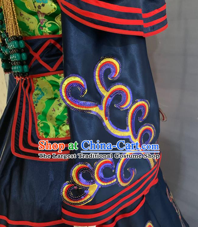 Chinese Minority Folk Dance Navy Dress Uniforms Mongolian Ethnic Wedding Garment Costume Mongol Nationality Festival Clothing and Headwear