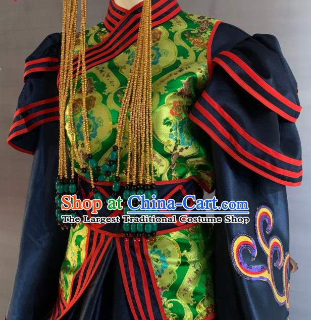Chinese Minority Folk Dance Navy Dress Uniforms Mongolian Ethnic Wedding Garment Costume Mongol Nationality Festival Clothing and Headwear