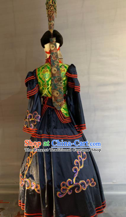 Chinese Minority Folk Dance Navy Dress Uniforms Mongolian Ethnic Wedding Garment Costume Mongol Nationality Festival Clothing and Headwear