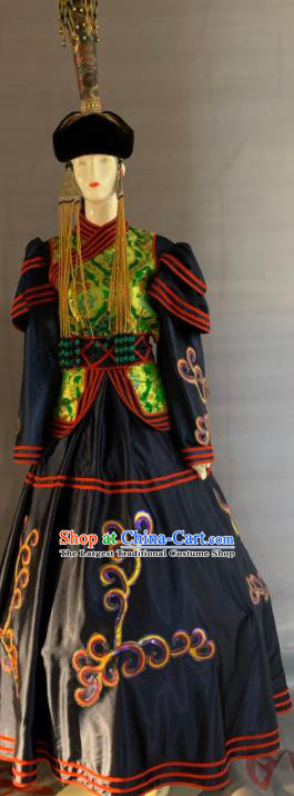 Chinese Minority Folk Dance Navy Dress Uniforms Mongolian Ethnic Wedding Garment Costume Mongol Nationality Festival Clothing and Headwear