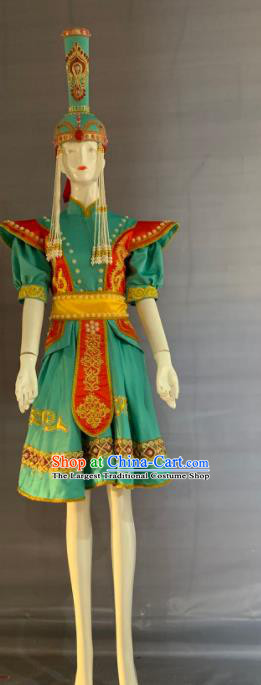 Chinese Mongol Nationality Festival Clothing Minority Folk Dance Green Dress Uniforms Mongolian Ethnic Bride Garment Costume and Tassel Hat