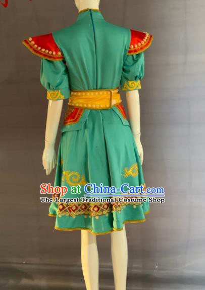 Chinese Mongol Nationality Festival Clothing Minority Folk Dance Green Dress Uniforms Mongolian Ethnic Bride Garment Costume and Tassel Hat