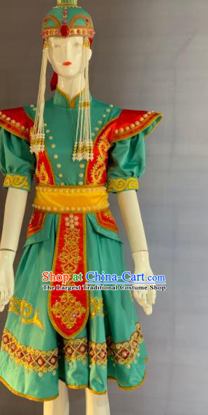 Chinese Mongol Nationality Festival Clothing Minority Folk Dance Green Dress Uniforms Mongolian Ethnic Bride Garment Costume and Tassel Hat