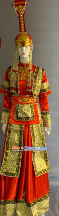 Chinese Mongol Nationality Bride Clothing Minority Folk Dance Red Dress Uniforms Mongolian Ethnic Wedding Garment Costume and Hat