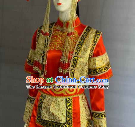 Chinese Mongol Nationality Bride Clothing Minority Folk Dance Red Dress Uniforms Mongolian Ethnic Wedding Garment Costume and Hat