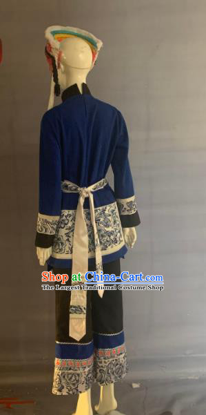 Chinese Bai Nationality Female Clothing Dali Minority Folk Dance Navy Uniforms Yunnan Ethnic Garment Costume and Red Hat