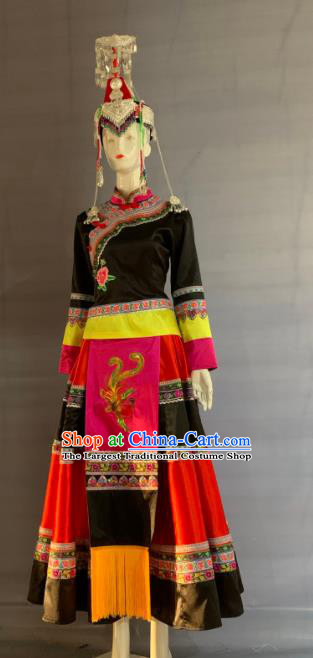 Chinese She Nationality Female Clothing Guangdong Minority Folk Dance Black Dress Uniforms Ethnic Performance Garment Costume and Headdress