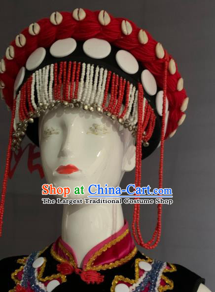 Chinese Lisu Nationality Female Clothing Minority Folk Dance Black Velvet Dress Uniforms Guangxi Ethnic Performance Garment Costume and Tassel Headwear