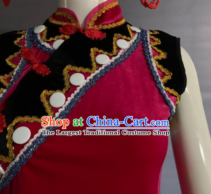 Chinese Lisu Nationality Female Clothing Minority Folk Dance Black Velvet Dress Uniforms Guangxi Ethnic Performance Garment Costume and Tassel Headwear