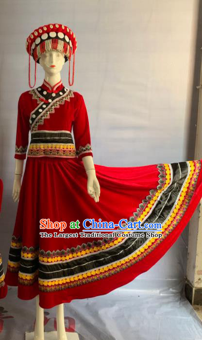 Chinese Nu Nationality Bride Clothing Lisu Minority Folk Dance Red Velvet Dress Uniforms Guangxi Ethnic Woman Garment Costume and Hat