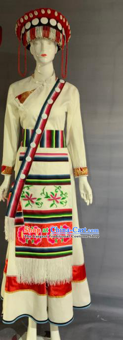 Chinese Lisu Nationality Bride Clothing Minority Folk Dance White Dress Uniforms Yunnan Ethnic Female Garment Costume and Headwear