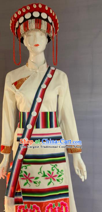 Chinese Lisu Nationality Bride Clothing Minority Folk Dance White Dress Uniforms Yunnan Ethnic Female Garment Costume and Headwear