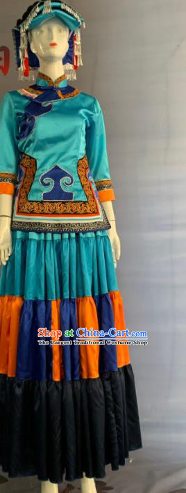 Chinese Yi Nationality Torch Festival Clothing Minority Folk Dance Blue Dress Uniforms Sichuan Ethnic Female Garment Costume and Headwear