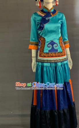 Chinese Yi Nationality Torch Festival Clothing Minority Folk Dance Blue Dress Uniforms Sichuan Ethnic Female Garment Costume and Headwear