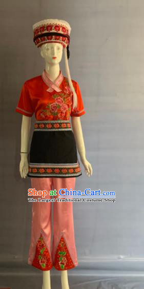 Chinese Yunnan Ethnic Female Garment Costume Bai Nationality Country Woman Clothing Minority Folk Dance Red Uniforms and Hat