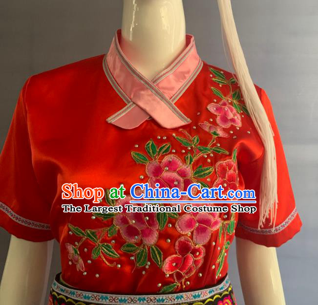 Chinese Yunnan Ethnic Female Garment Costume Bai Nationality Country Woman Clothing Minority Folk Dance Red Uniforms and Hat