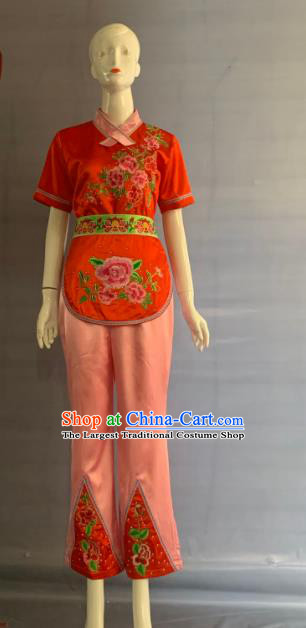 Chinese Minority Folk Dance Red Uniforms Yunnan Ethnic Female Garment Costume Bai Nationality Country Woman Clothing and Headpiece
