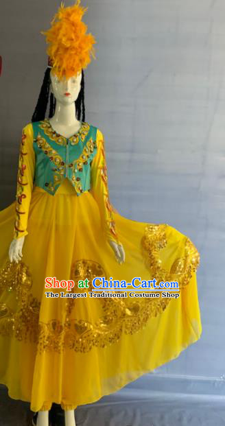 Chinese Uighur Minority Folk Dance Yellow Dress Uniforms Xinjiang Ethnic Female Garment Costume Uyghur Nationality Dance Clothing and Headpiece