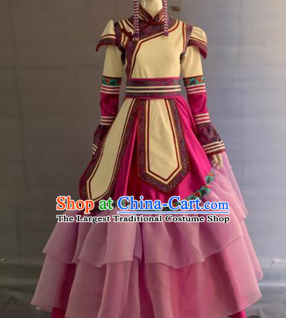 Chinese Mongol Nationality Dance Clothing Mongolian Minority Folk Dance Dress Uniforms Ethnic Wedding Bride Garment Costume and Headdress