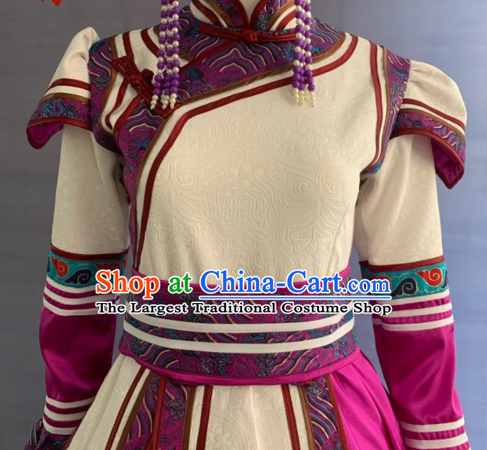Chinese Mongol Nationality Dance Clothing Mongolian Minority Folk Dance Dress Uniforms Ethnic Wedding Bride Garment Costume and Headdress