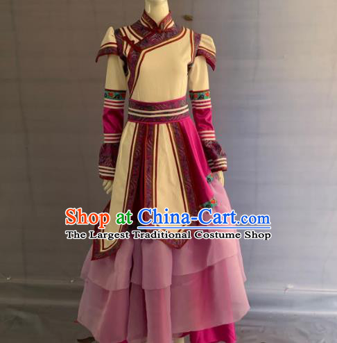 Chinese Mongol Nationality Dance Clothing Mongolian Minority Folk Dance Dress Uniforms Ethnic Wedding Bride Garment Costume and Headdress