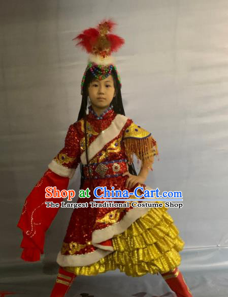 China Tibetan Ethnic Girl Stage Performance Garment Costumes Traditional Zang Nationality Folk Dance Clothing and Headwear