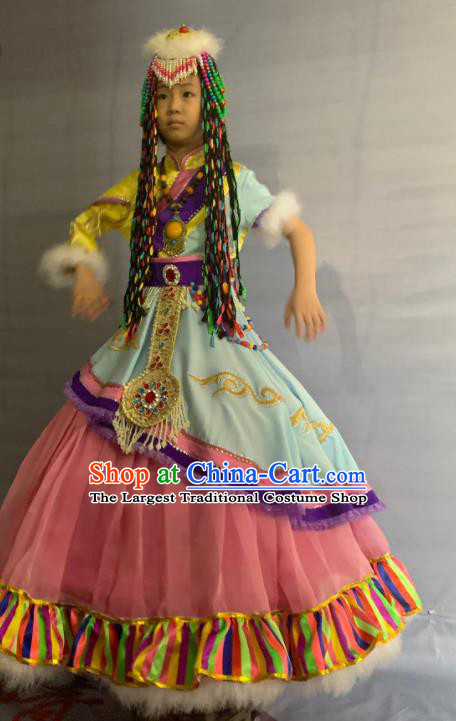 China Tibetan Ethnic Girl Garment Costumes Traditional Zang Nationality Folk Dance Dress Clothing and Headdress