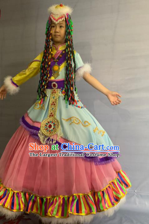 China Tibetan Ethnic Girl Garment Costumes Traditional Zang Nationality Folk Dance Dress Clothing and Headdress