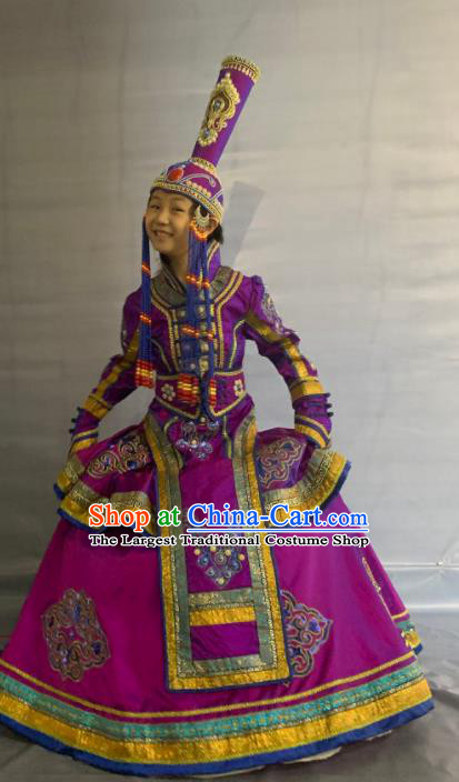 China Mongol Ethnic Girl Garment Costumes Traditional Mongolian Nationality Folk Dance Purple Dress Clothing and Hat
