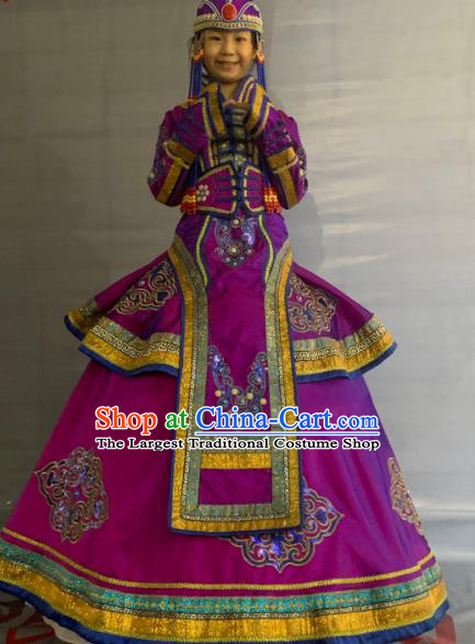 China Mongol Ethnic Girl Garment Costumes Traditional Mongolian Nationality Folk Dance Purple Dress Clothing and Hat