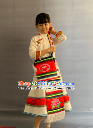 China Yunnan Ethnic Girl Garment Costumes Traditional Lisu Nationality Folk Dance White Dress Clothing