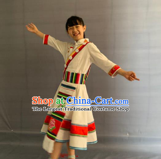 China Yunnan Ethnic Girl Garment Costumes Traditional Lisu Nationality Folk Dance White Dress Clothing
