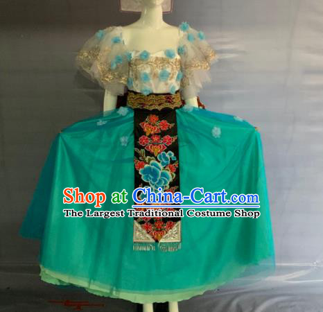 Chinese Puyi Minority Folk Dance Green Dress Uniforms Guizhou Ethnic Festival Garment Costume Bouyei Nationality Woman Clothing and Headwear