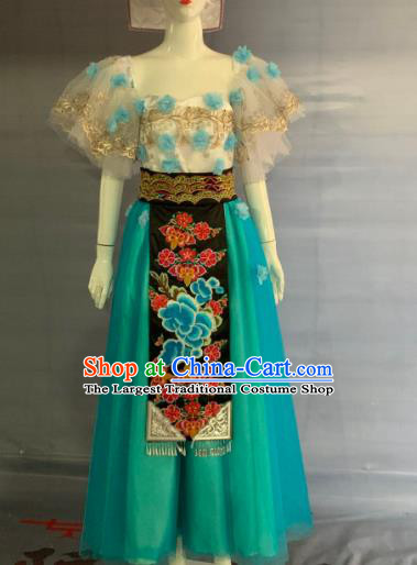 Chinese Puyi Minority Folk Dance Green Dress Uniforms Guizhou Ethnic Festival Garment Costume Bouyei Nationality Woman Clothing and Headwear