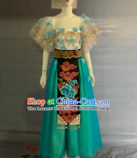 Chinese Puyi Minority Folk Dance Green Dress Uniforms Guizhou Ethnic Festival Garment Costume Bouyei Nationality Woman Clothing and Headwear