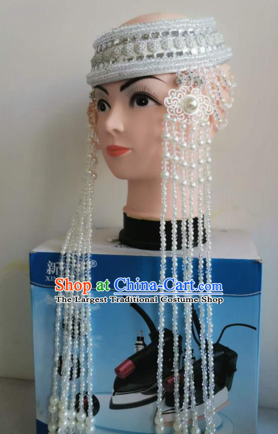 Handmade Chinese Mongolian Ethnic Wedding Bride White Beads Tassel Hat Mongol Nationality Dance Headband
