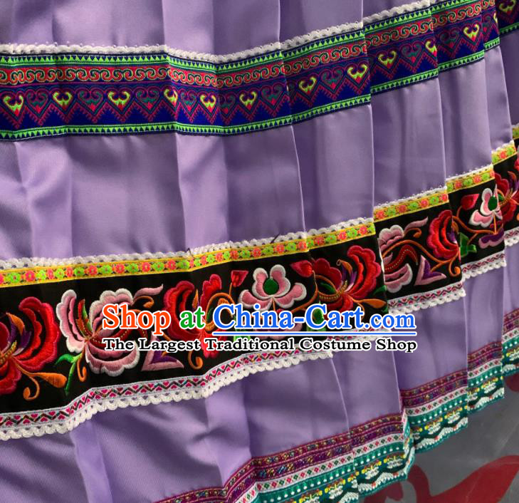 Chinese Bouyei Nationality Woman Clothing Puyi Minority Folk Dance Purple Dress Uniforms Guizhou Ethnic Festival Garment Costume and Headpiece