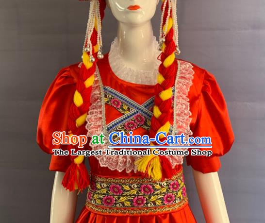 China Eluosi Ethnic Girl Garment Costumes Traditional Xinjiang Nationality Folk Dance Red Dress Clothing and Headwear
