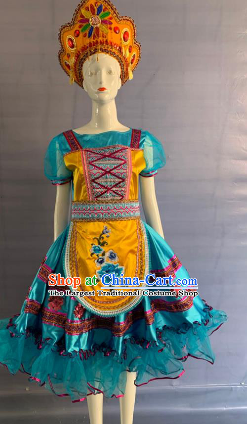 China Xinjiang Ethnic Girl Garment Costumes Traditional Eluosi Nationality Folk Dance Blue Dress Clothing and Hat