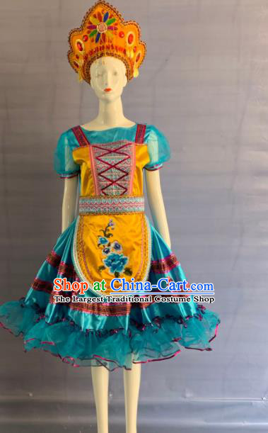 China Xinjiang Ethnic Girl Garment Costumes Traditional Eluosi Nationality Folk Dance Blue Dress Clothing and Hat