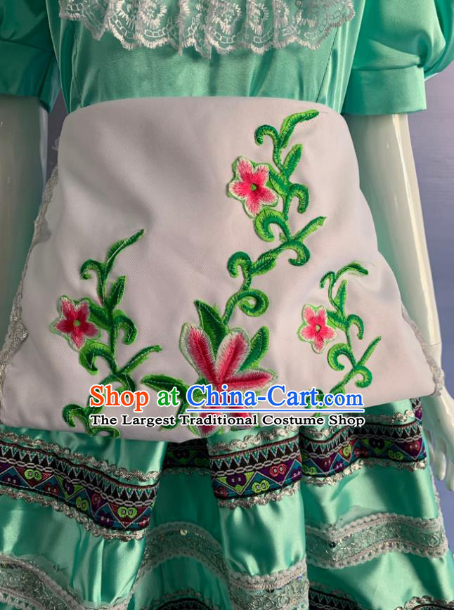 China Xinjiang Ethnic Girl Folk Dance Garment Costumes Traditional Eluosi Nationality Children Green Dress Clothing and Headpiece